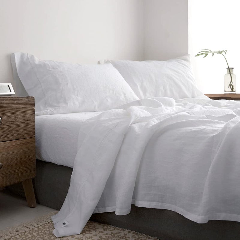 Simple&Opulence 100% Linen Sheet Set with Embroidery Washed - 4 Pieces (1 Flat Sheet & 1 Fitted Sheet & 2 Pillowcases) Natural Flax Soft Bedding Breathable Farmhouse - White  Full Size - Image 1